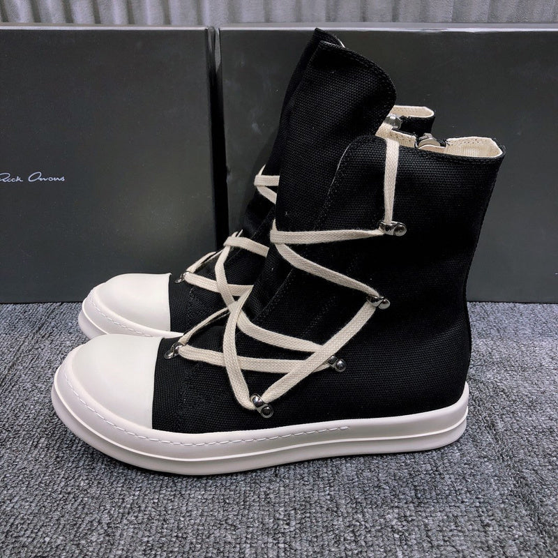 High-Top Canvas Sneakers With Wrap-around Laces - Black Unisex Streetwear Limited Edition - **High-Top Black Canvas Sneakers with Wrap-Around Laces** Elevate your footwear game with these high-top bla