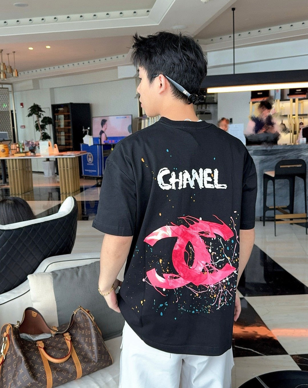 Chanel Pink Splash Logo Black T-Shirt - logo - replica sneakers