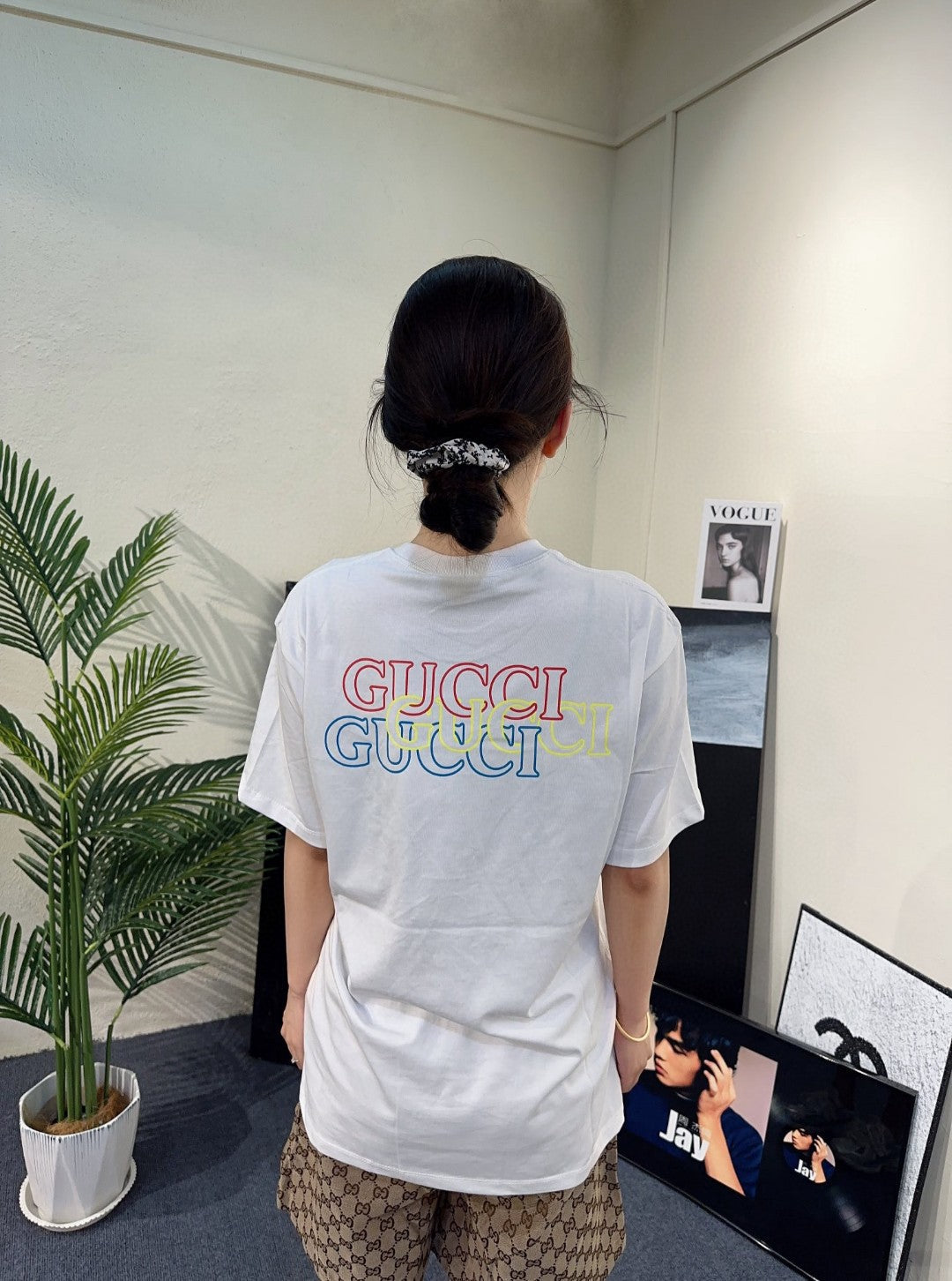Gucci White T-Shirt with Blue Vertical Logo Patch - logo - replica sneakers
