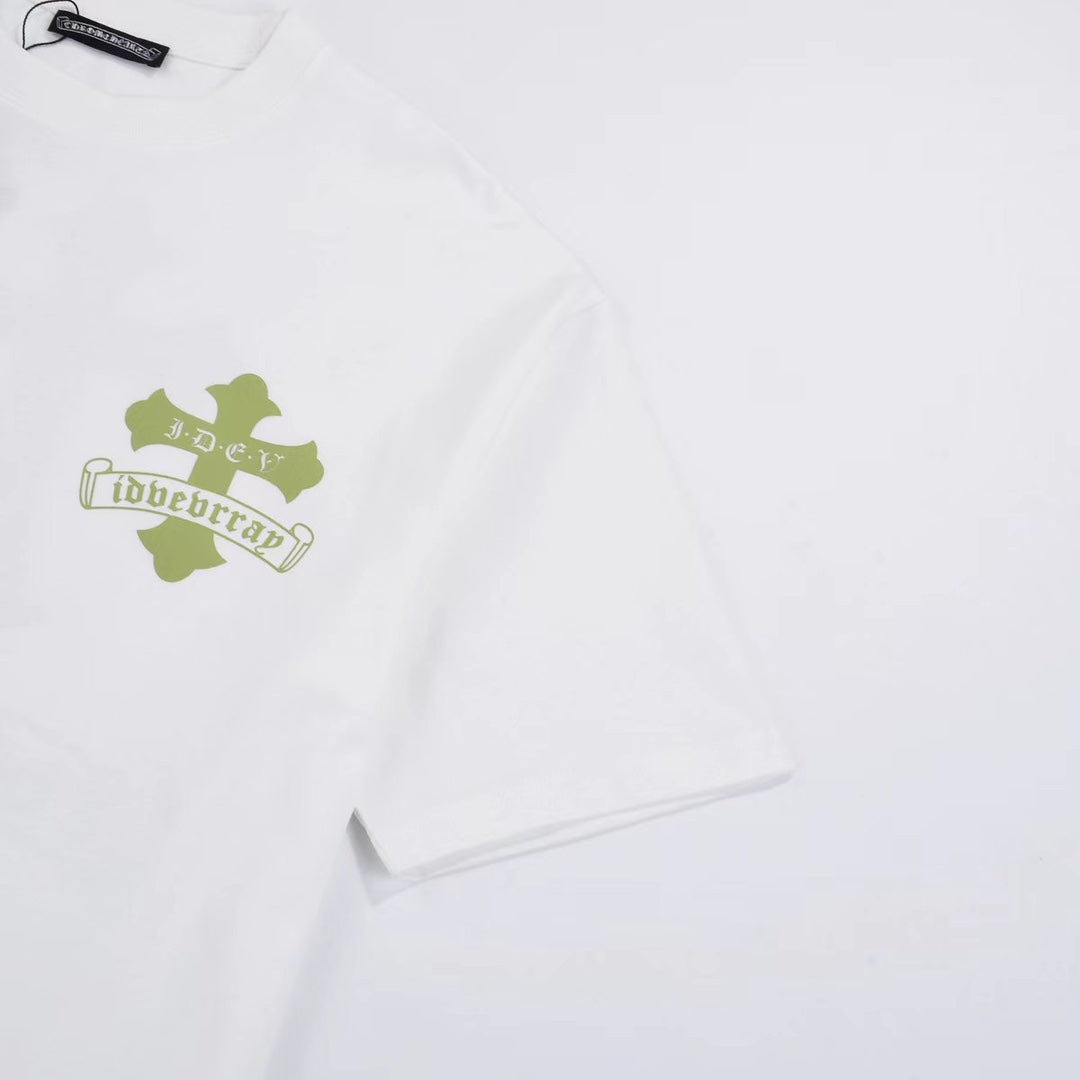 CHROME HEARTS GOLDEN CROSS LOGO T-SHIRT WHITE - close up - replica sneakers