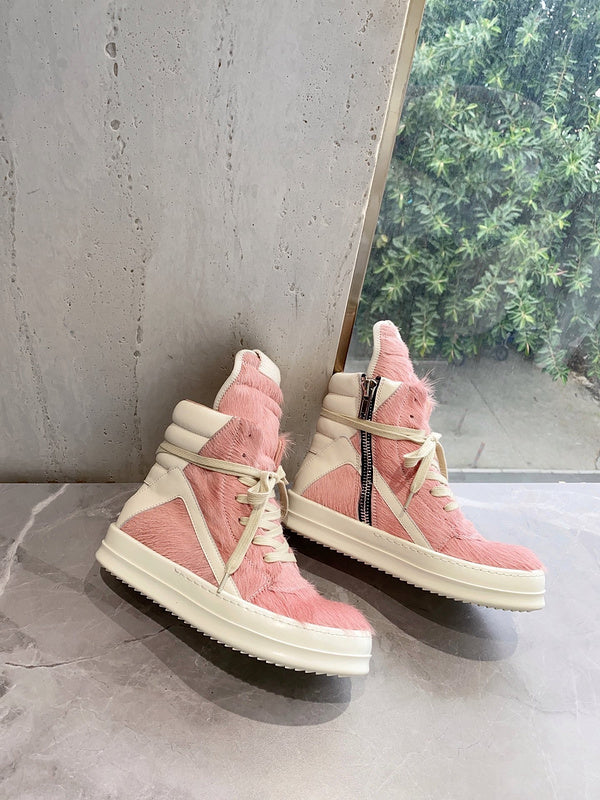 Rick Owens Geobasket Sneakers - Pink Pony Hair - close up - replica sneakers