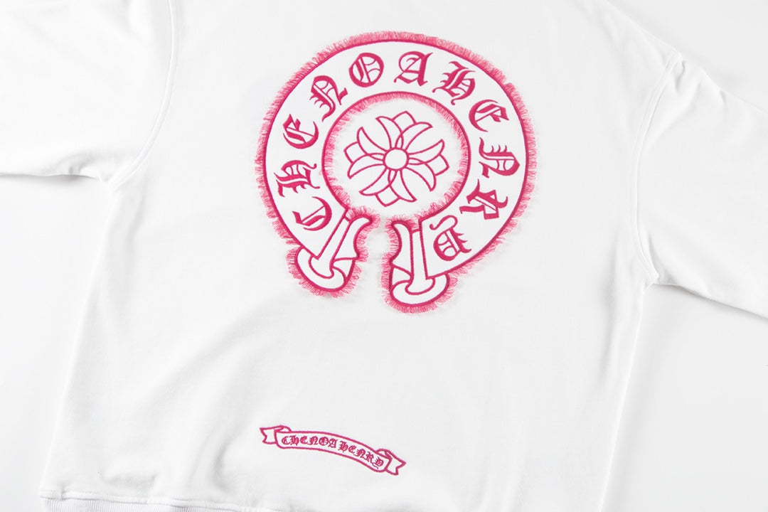 CHROME HEARTS PINK HORSE SHOE LOGO SWEATSHIRT BLACK - close up - replica sneakers