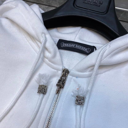 CHROME HEARTS MULTICOLOR CROSS PATCH ZIPPER HOODIE WHITE - close up - replica sneakers