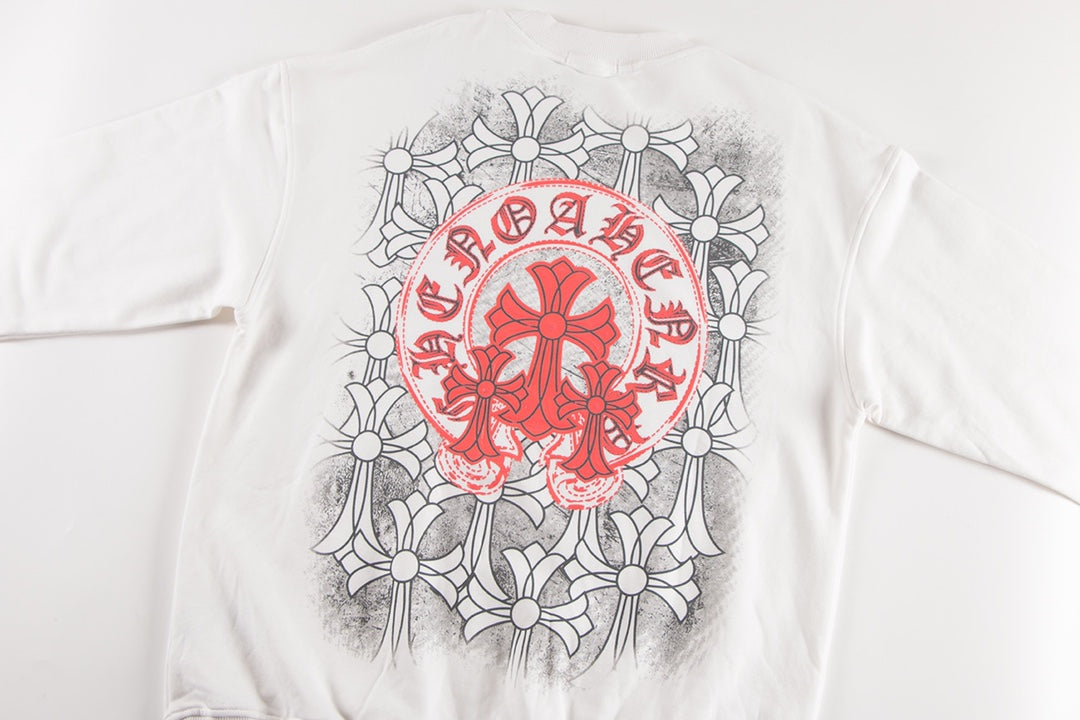 CHROME HEARTS RED HORSE SHOE LOGO SWEATSHIRT WHITE - close up - replica sneakers