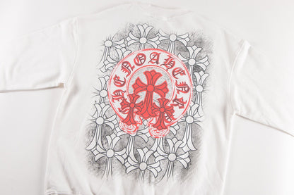 CHROME HEARTS RED HORSE SHOE LOGO SWEATSHIRT WHITE - close up - replica sneakers