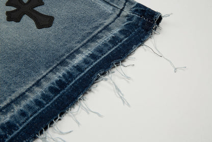 CHROME HEARTS CROSS PATCH BLACK EDGE JORTS WASHED DENIM - close up - replica sneakers