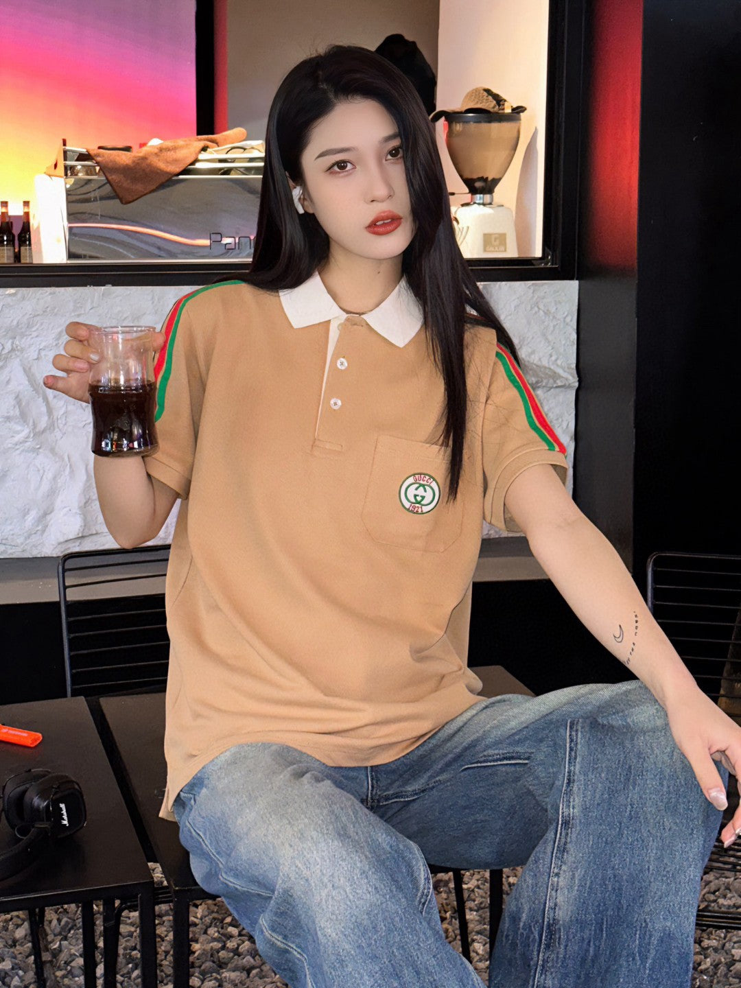 Gucci Stripe Sleeve Polo Shirt - close up - replica sneakers