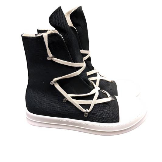 High-Top Canvas Sneakers With Wrap-around Laces - Black Unisex Streetwear Limited Edition - **High-Top Black Canvas Sneakers with Wrap-Around Laces** Elevate your footwear game with these high-top bla