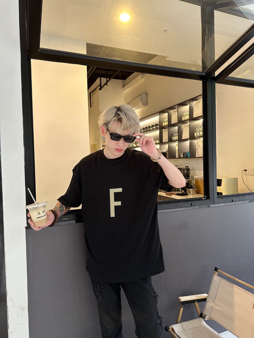 Fear of God Letter F T-Shirt (Black) - close up - replica sneakers