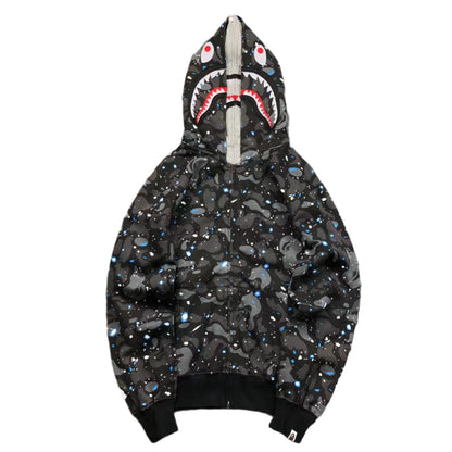 BAPE Space Camo Double Shark Full Zip Hoodie - Black Unisex Streetwear Limited Edition
