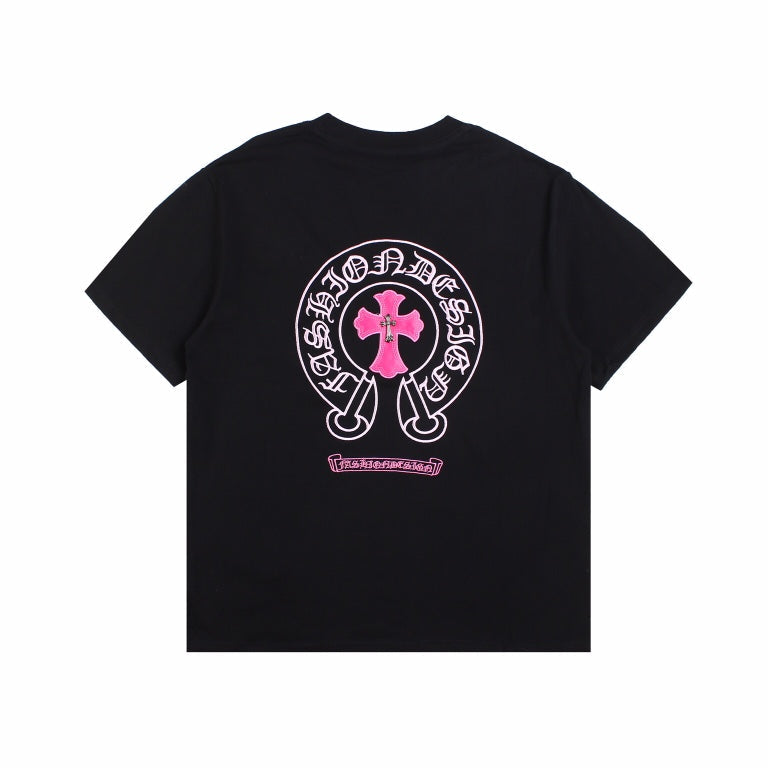 CHROME Hearts Horse Shoe Logo T-shirt Pink - Black Unisex Streetwear Limited Edition - The CHROME HEARTS HORSE SHOE LOGO T-SHIRT BLACK PINK - REPLICA delivers bold luxury streetwear