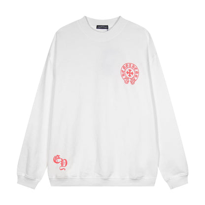 CHROME Hearts Red Horse Shoe Logo Sweatshirt - White Unisex Streetwear Limited Edition