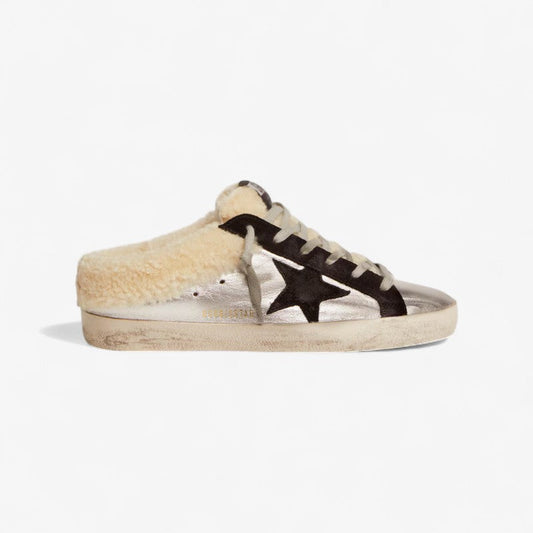 Golden Goose Metallic Mule Superstar With Shearling - Black Unisex Streetwear Limited Edition
