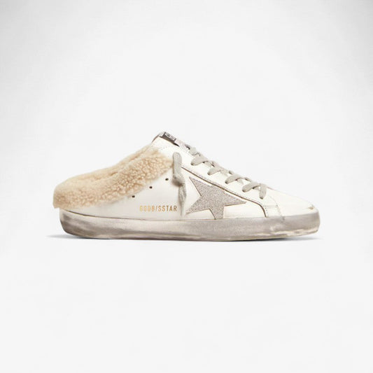 Golden Goose Shearling Slide Super-star Sneaker With Glitter Star - White Unisex Streetwear Limited Edition