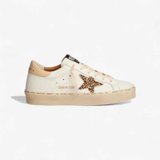 Hi Star Sneakers With Gold Glitter Star And Leather Heel Tab - Beige Unisex Streetwear Limited Edition
