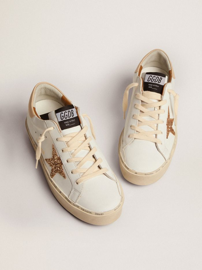 Hi Star Sneakers With Gold Glitter Star And Leather Heel Tab - Beige Unisex Streetwear Limited Edition