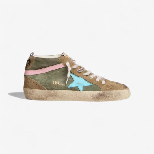Mid Star Ltd Sneakers In Military Green Suede With Sky-blue Leather Star And Pink Leather Flash Unisex Streetwear Limited Edition