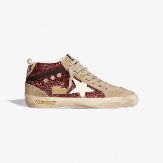Mid Star Sneakers In Burgundy Glitter With Dove-gray Suede Inserts And Leather Star - White Unisex Streetwear Limited Edition