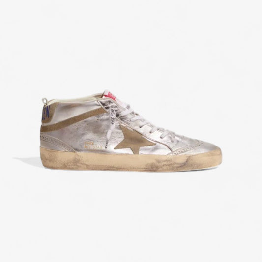Mid Star Sneakers In Silver Metallic Leather With Star And Flash In Dove-gray Suede Unisex Streetwear Limited Edition