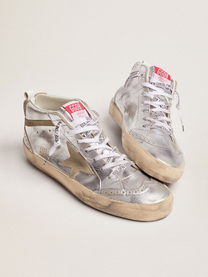 Mid Star Sneakers In Silver Metallic Leather With Star And Flash In Dove-gray Suede Unisex Streetwear Limited Edition