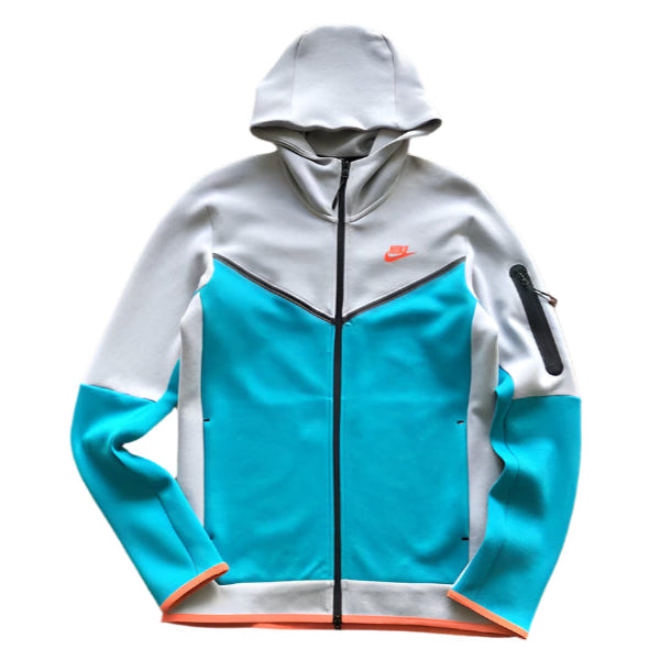 NIKE Tech Fleece Hoodie - Wolf Grey - Aquamarine - - Orange Unisex Streetwear Limited Edition - The NIKE TECH FLEECE HOODIE WOLF GREY/AQUAMARINE/ORANGE - REPLICA is the perfect fusion of modern