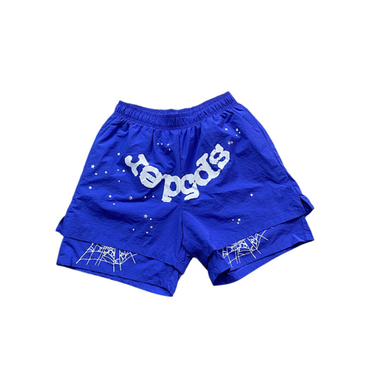 SP5DER Og Web Double Layer Short Hoodie - Blue Unisex Streetwear Limited Edition - The SP5DER OG WEB DOUBLE LAYER SHORT BLUE - REPLICA blends bold streetwear aesthetics with