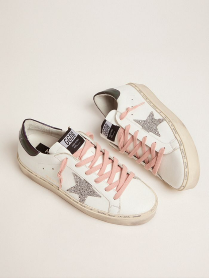 Hi-star Sneakers With Glittery Star And Pink Laces - White Unisex Streetwear Limited Edition