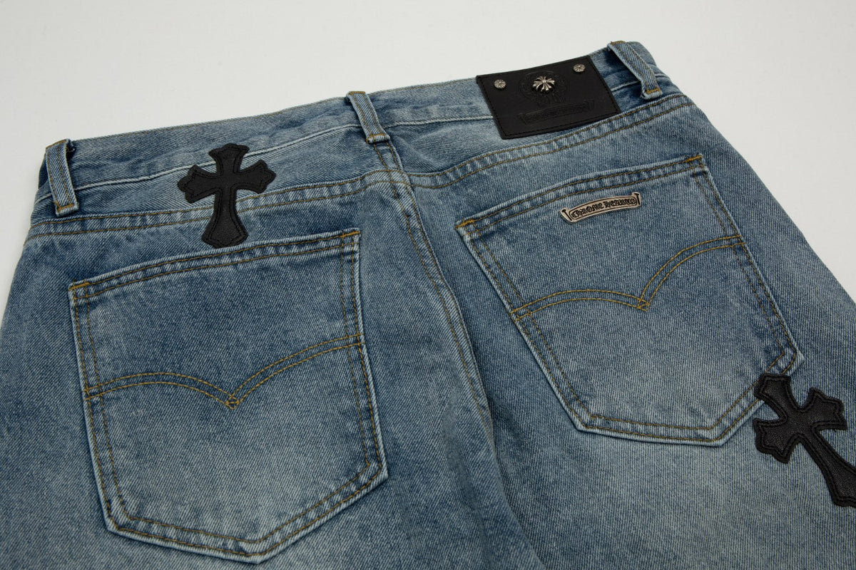 CHROME HEARTS CROSS PATCH BLACK EDGE JORTS WASHED DENIM - box - replica sneakers