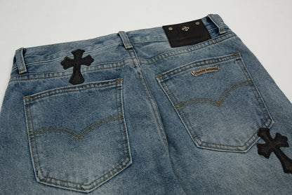 CHROME HEARTS CROSS PATCH BLACK EDGE JORTS WASHED DENIM - box - replica sneakers