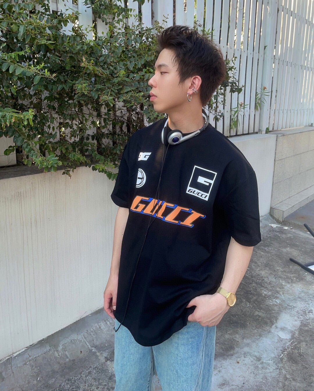 Gucci Graphic Logo T-Shirt (Black) - close up - replica sneakers