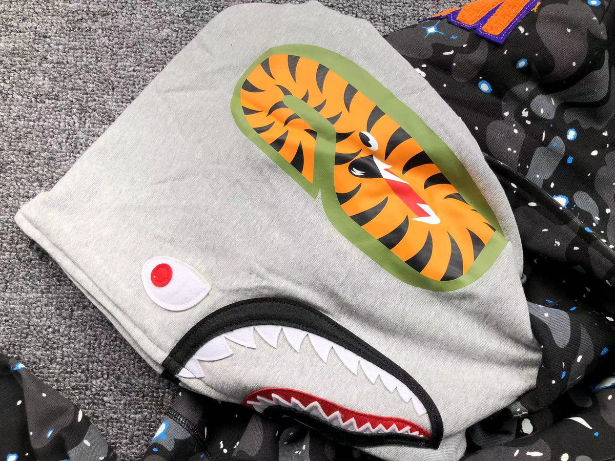 BAPE SPACE CAMO DOUBLE SHARK FULL ZIP HOODIE BLACK - logo - replica sneakers