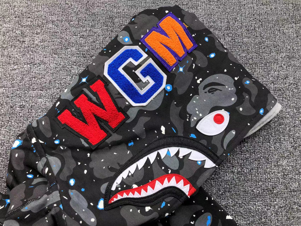 BAPE SPACE CAMO DOUBLE SHARK FULL ZIP HOODIE BLACK - close up - replica sneakers