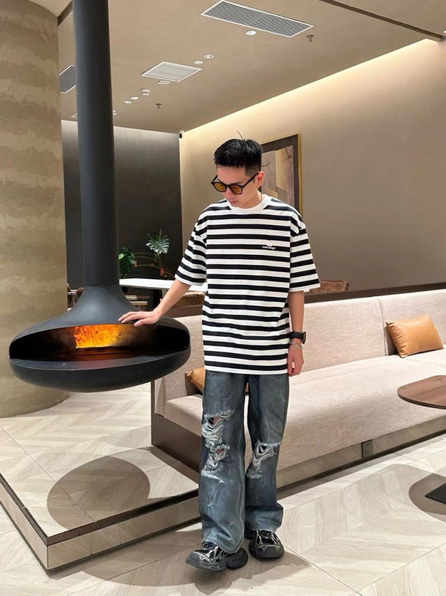Balenciaga Black and White Striped T-Shirt - box - replica sneakers