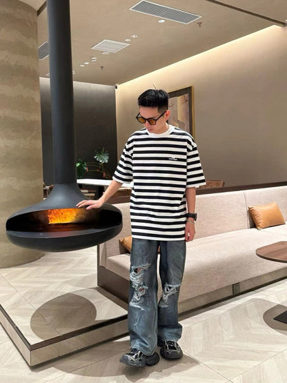 Balenciaga Black and White Striped T-Shirt - box - replica sneakers
