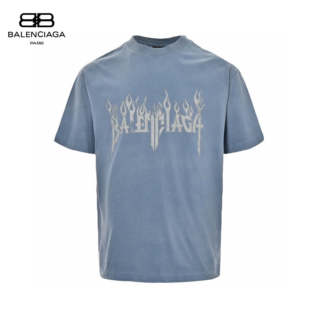 Balenciaga Flame Graphic T-shirt (blue) Unisex Streetwear Limited Edition - This blue Balenciaga T-shirt features an eye-catching flame graphic logo across the front, adding a