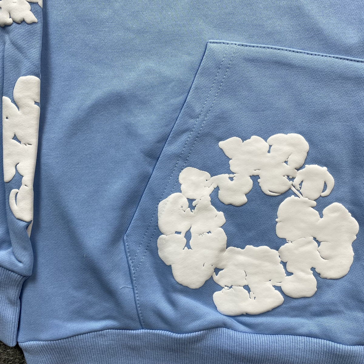 DENIM TEARS COTTON WREATH HOODIE BABY BLUE - close up - replica sneakers