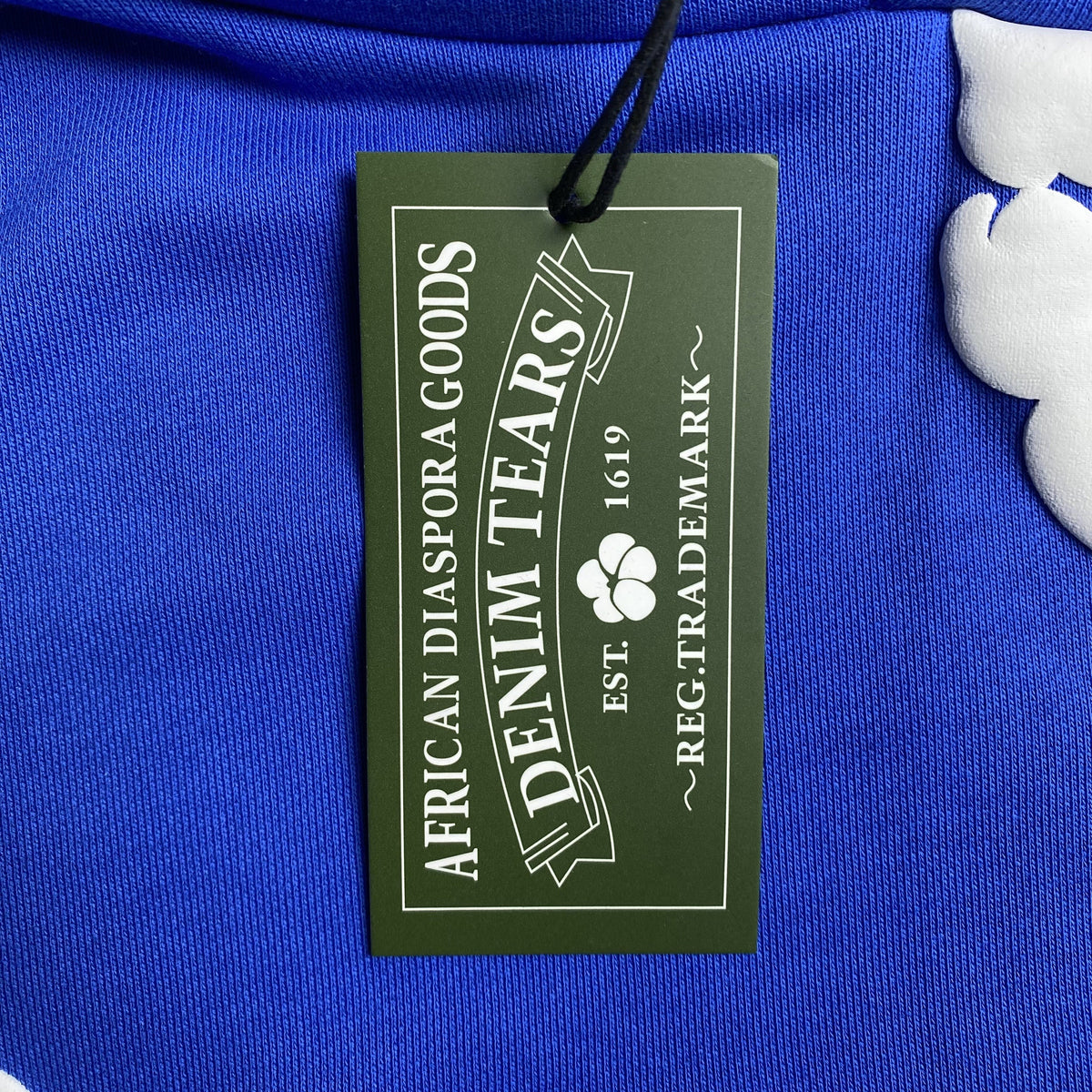 DENIM TEARS COTTON WREATH HOODIE DEEP BLUE - close up - replica sneakers